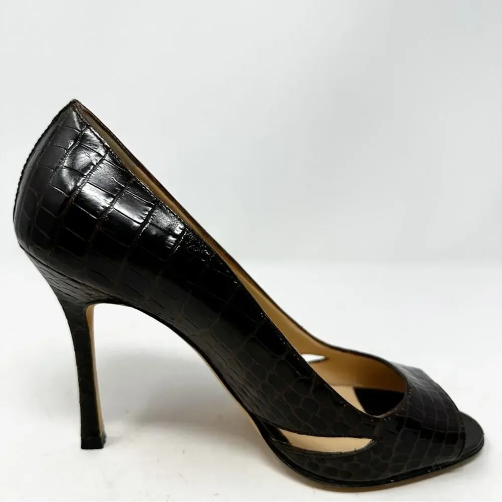 Manolo Blahnik Farinelli Croc Peep Toe Cutout Stiletto Heels Womens Size EU 36